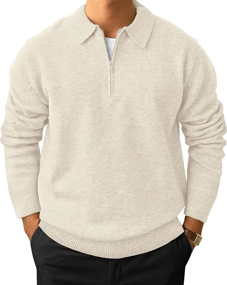 Men's Knit Polo Sweater Classic Long Sleeve Thermal Zip Collar Shirts