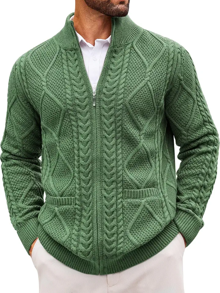 Runcati Men's Full Zip Cardigan Sweaters Cable Knit Mock Neck Sweater