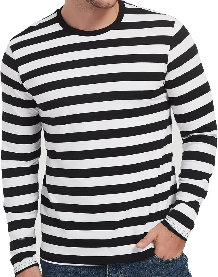 Men's Casual Black White Striped T-Shirt Long Sleeve Crewneck Basic Tee