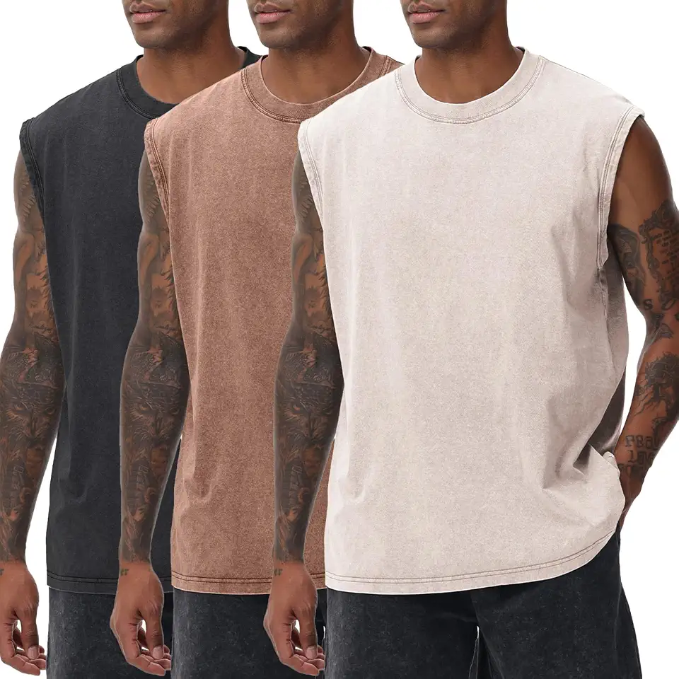 ClimatePartner certified Mens Workout Tank Tops Sleeveless Tee Shirts Men Muscle Shirt Gym Acid Wash T Shirts Running Beach Loose Fit Tee