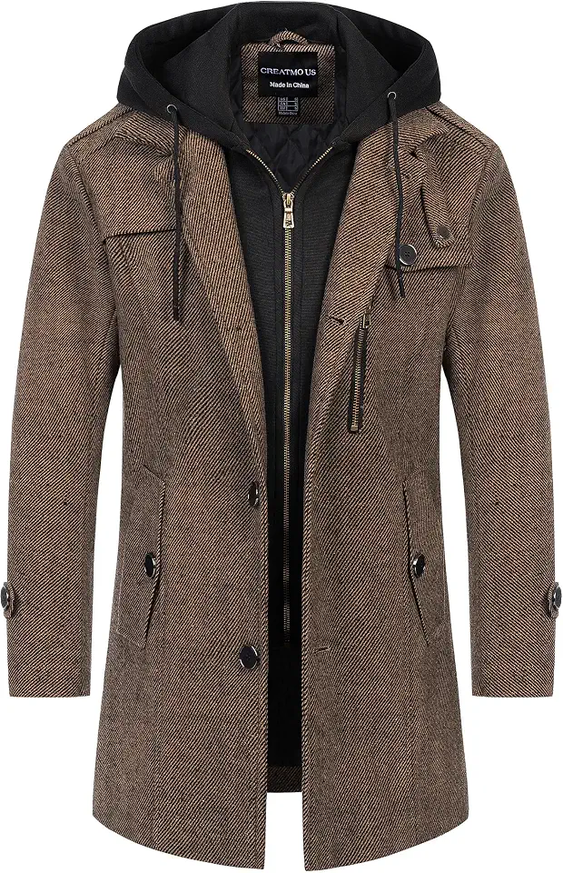 Men's Classic Pea Coat Wool Blend Trench Coat Windproof Business Overcoat With Detachable Hood