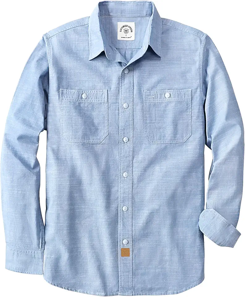 Dubinik® Chambray Shirt Men Cotton Mens Long Sleeve Button Down Shirts | Lightweight, Soft, Comfortable, Casual, Work, Breathable, 2 Pockets, Regular Fit, Vintage, Spring, Summer, Fall, Winter