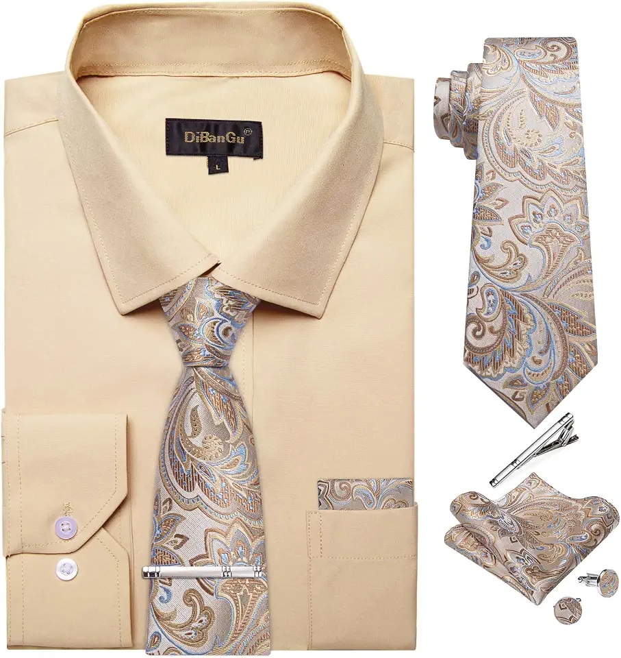 DiBanGu Mens Dress Shirt and Tie Set Long Sleeve Button Down Shirt with Tie