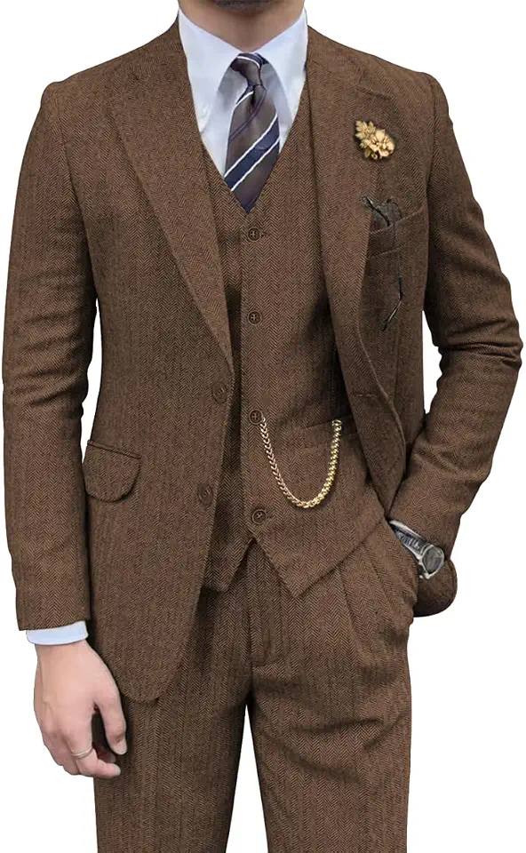 Global Recycled Standard Tweed Men Suit Herringbone 3 Piece Retro Tux Blazer Jacket Vest Pants Set