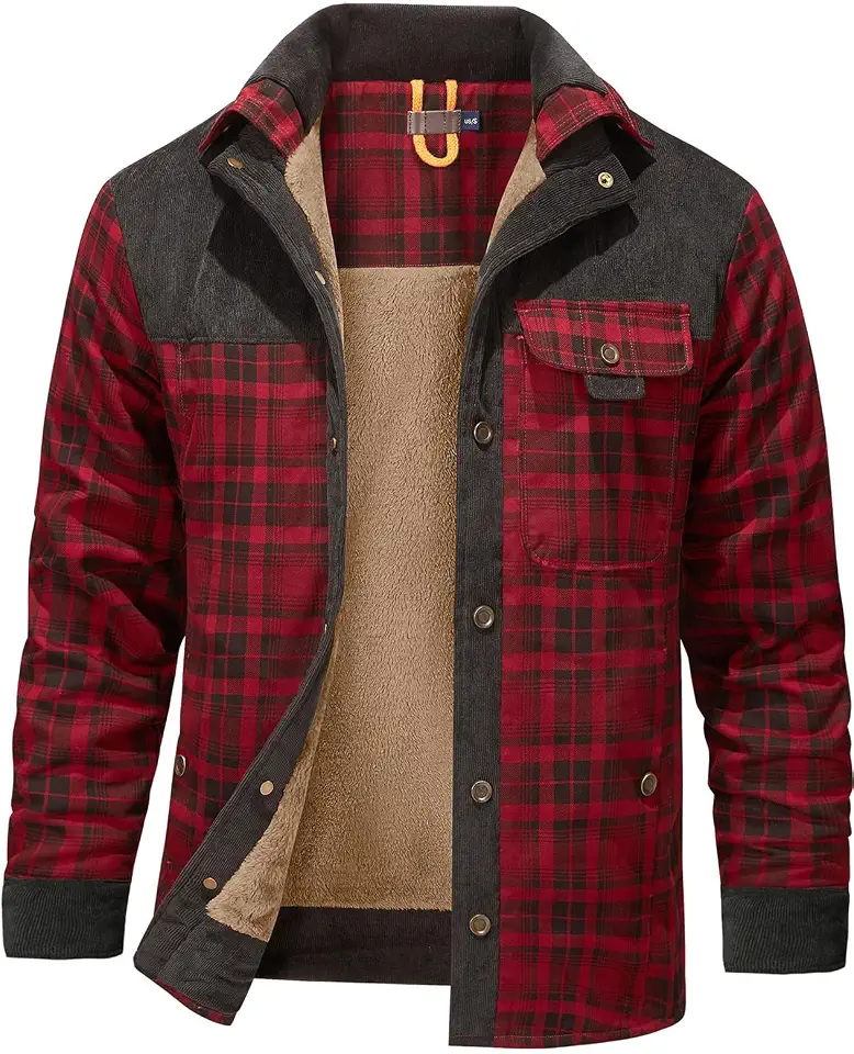 Global Recycled Standard Gihuo Men's Long Sleeve Sherpa Lined Shirts Outdoor Warm Flannel Plaid Jacket Button Down Fleece Coats