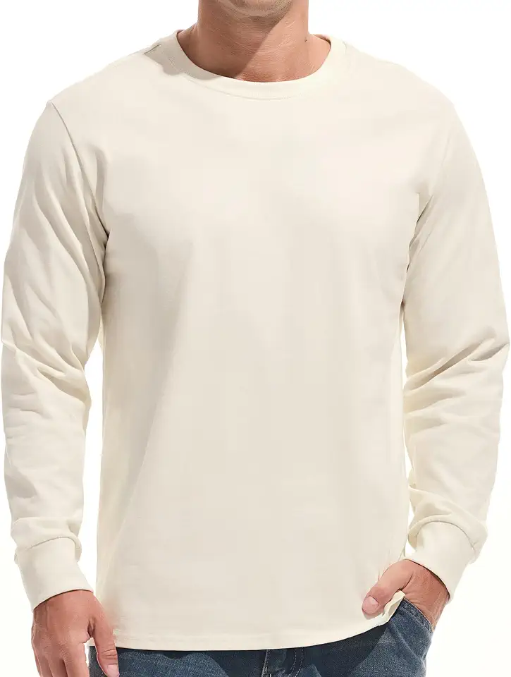 VEIISAR Men's Heavy Weight 100% Cotton Long Sleeve T-Shirt - Garment Washed - Soft