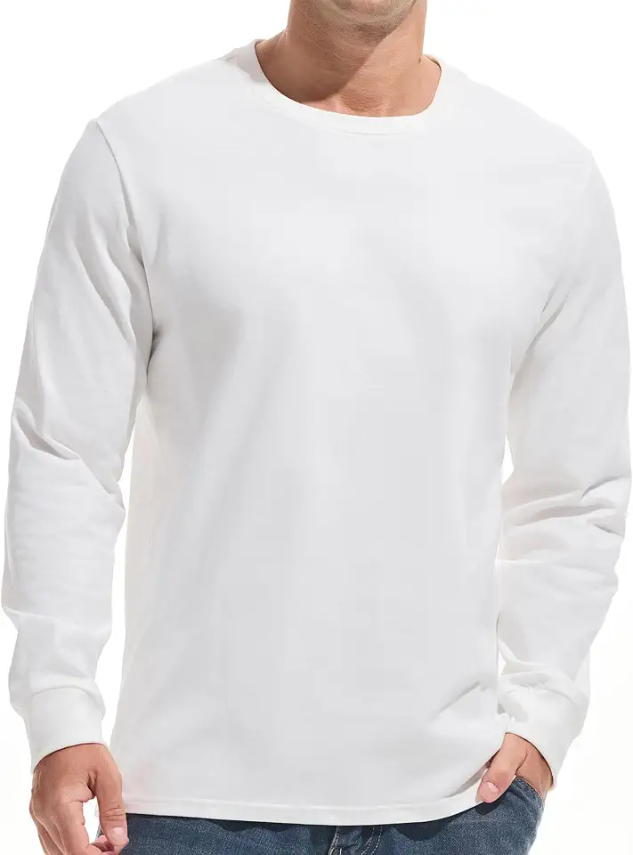 VEIISAR Men's Heavy Weight 100% Cotton Long Sleeve T-Shirt - Garment Washed - Soft
