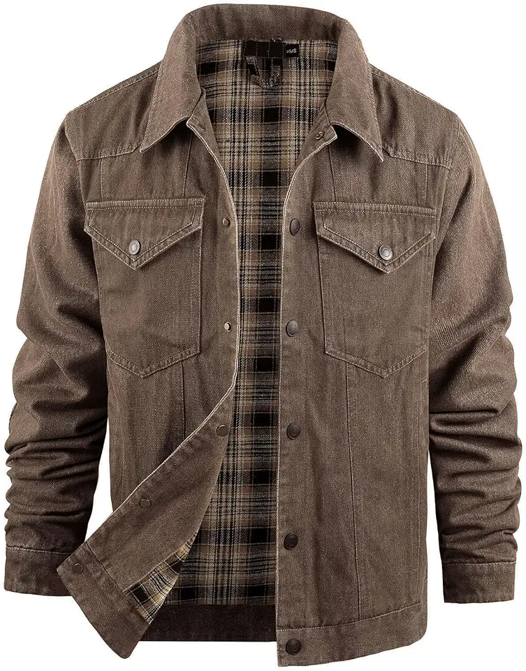 Flygo Mens Flannel Lined Denim Jacket Snap Cowboy Cut Trucker Coat