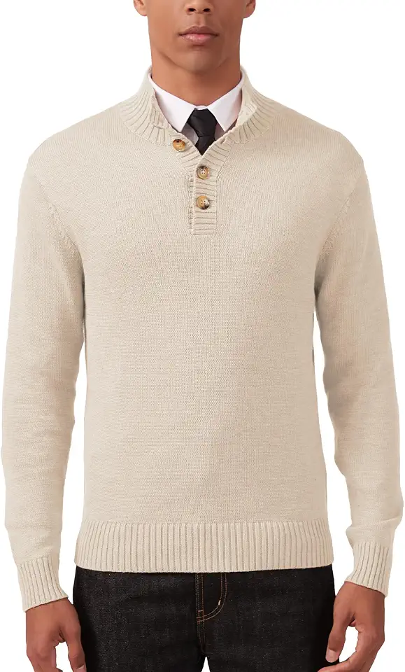 Global Recycled Standard Kallspin Men's Pullover Sweater Wool Blend Midweight Mock Neck Quarter-Button Long Sleeve Pullover