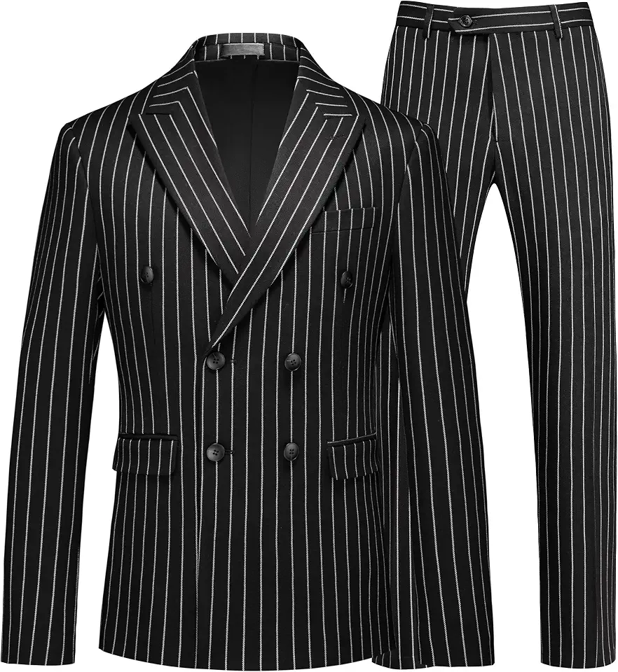 MOGU Mens Double Breasted Pinstripe Suit - 2 Piece Slim Fit Vintage Tuxedo for Groomsmen, Wedding, Prom