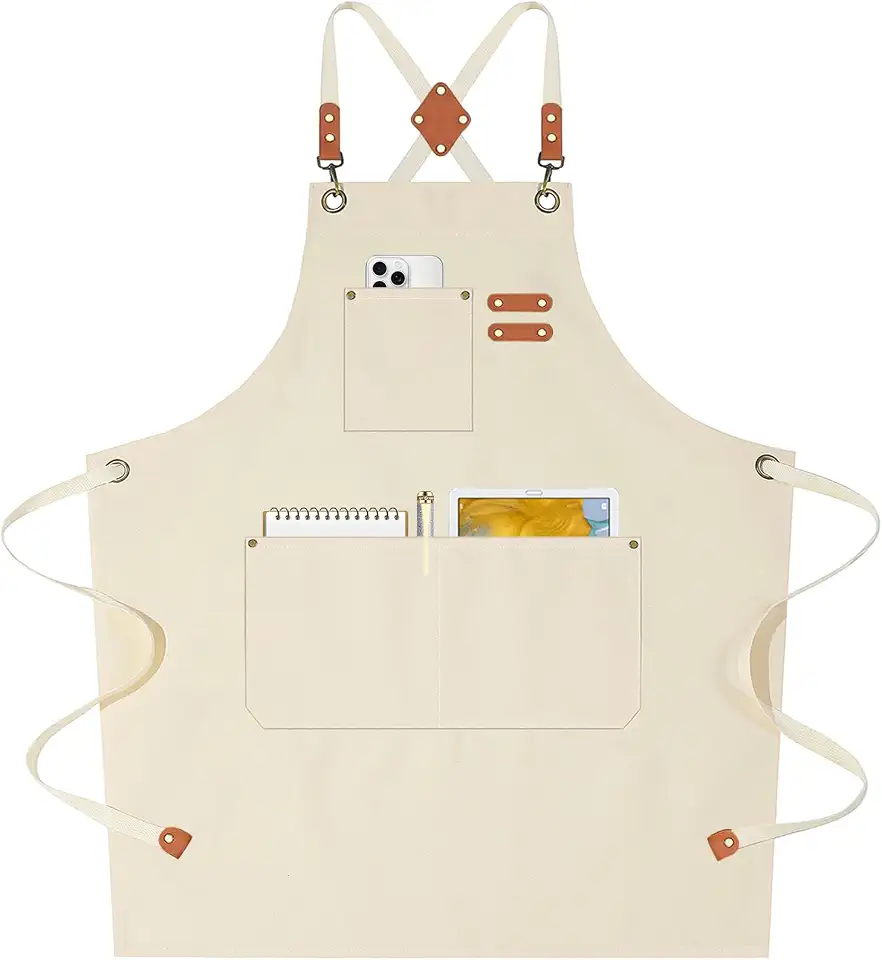 AFUN Chef Aprons for Women Men with Oversized Pockets, 12-Ounce Cotton Canvas Cross Back Water Repellent Apron (Cream)