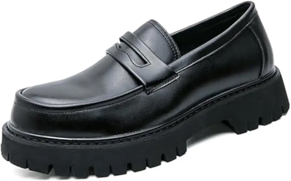 Men's Black Leather Lug Sole Penny Loafers