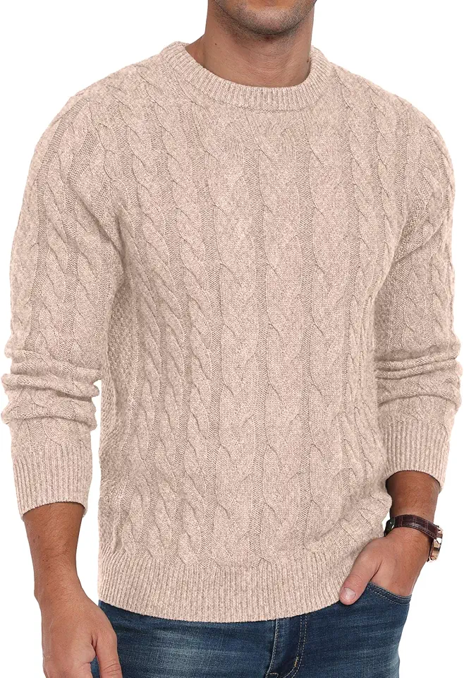 Askdeer Men's Pullover Sweater Cable Knit Chunky Sweater Classic Casual Crewneck Sweaters with Ribbing Edge