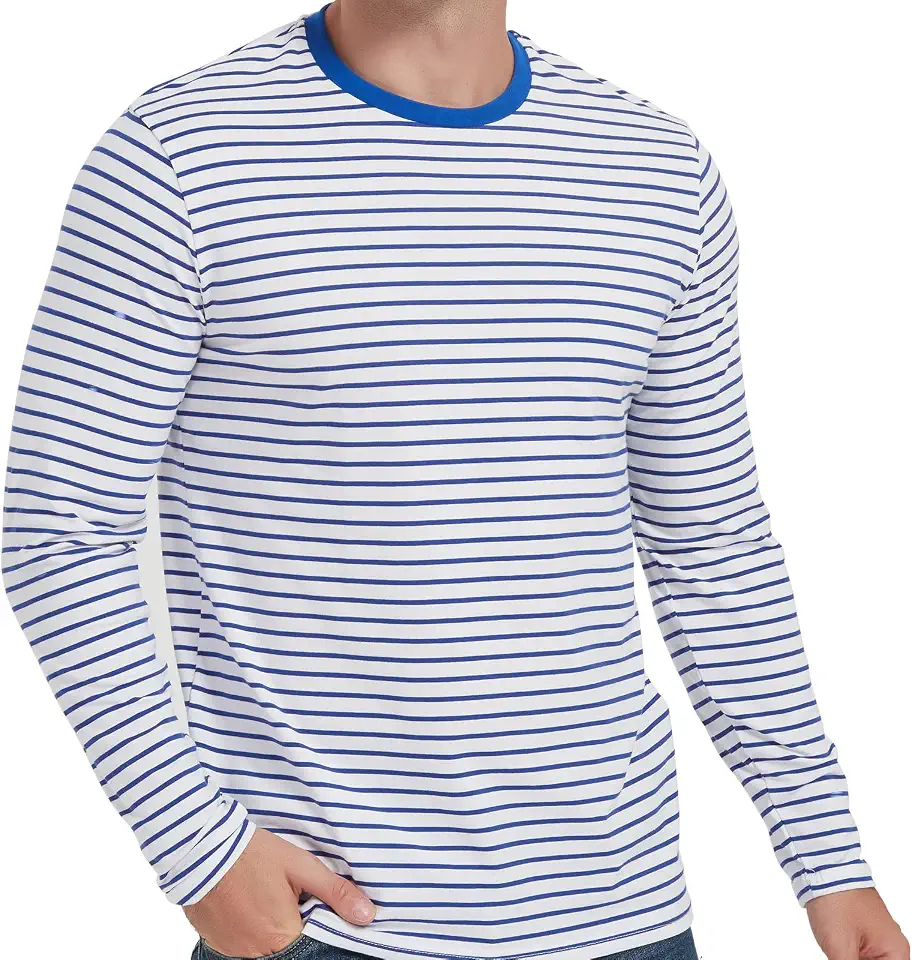 Men's Casual Black White Striped T-Shirt Long Sleeve Crewneck Basic Tee