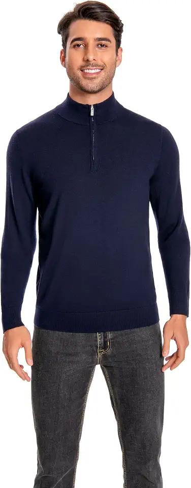 Men's Navy Ribbed Merino Wool Quarter Zip Sweater