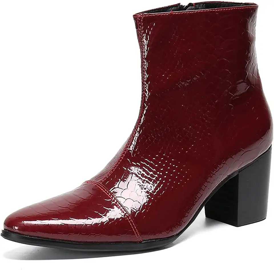 Mens Boots Casual Patent Leather Chelsea Dress Boots Zipper on Side Mid Calf Boots for Men