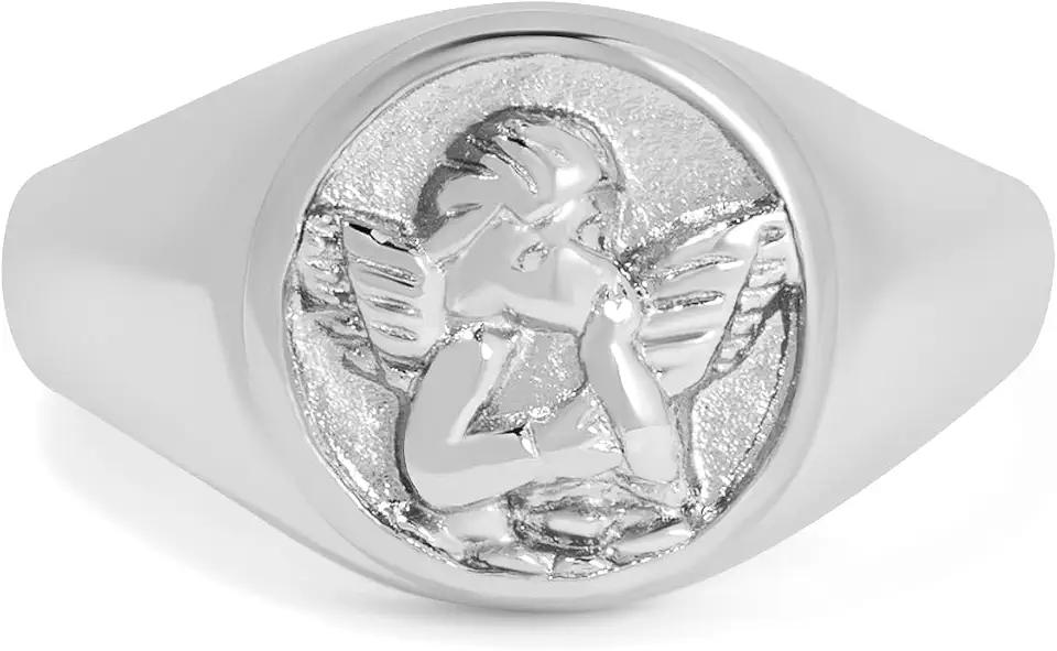 Gold Chunky Signet Stackable Pinky Ring for Women Men, Guardian Angel Cherub, Tarnish-Resistant 18K Gold Plated Stainless Steel Size 3 4 5 6 7 8 9 10 11