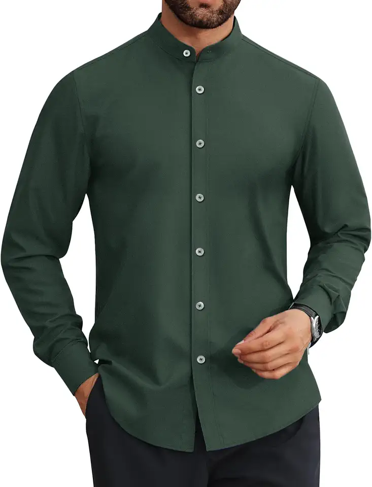 Global Recycled Standard Mens Dress Shirts Wrinkle Free Dress Shirts for Men Long Sleeve Button Down Shirts Banded Collar Shirts