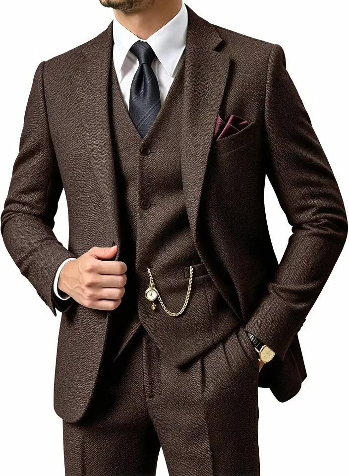 Men's 3 Piece Tweed Suit Retro Herringbone Lapel Blazer Vest Pants Set for Wedding Business