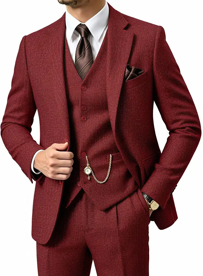 Men's 3 Piece Tweed Suit Retro Herringbone Lapel Blazer Vest Pants Set for Wedding Business