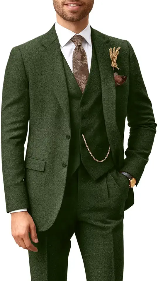 Men's 3 Piece Tweed Suit Retro Herringbone Lapel Blazer Vest Pants Set for Wedding Business