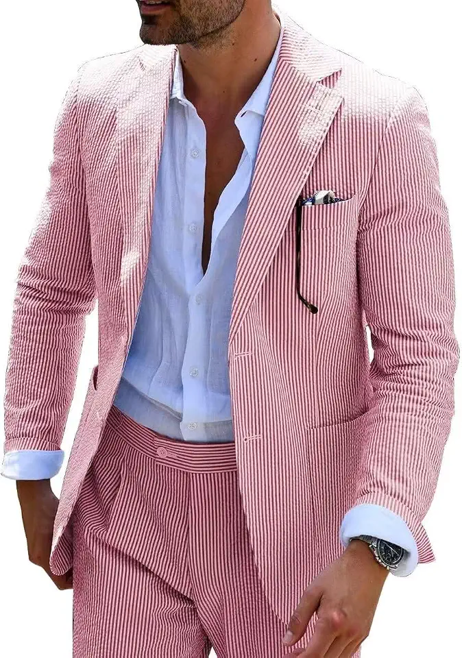 Mens Summer Seersucker Suits Grooms 2 Piece Striped Suit for Men