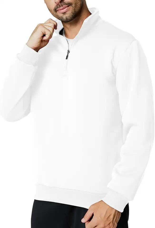 Men's Quarter Zip Up Pullover Long Sleeve Mock Neck Sweatshirt Casual Slim Fit Fleece Sweaters(XXL,White)