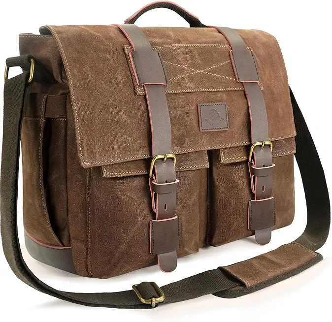 Messenger Bag for Men, 14-Inch Waterproof Laptop Bag, Waxed Canvas Satchel Bag for School, Vintage Rugged Shoulder Computer Bag, Crossbody Briefcase for Work Travel (Vintage Brown)