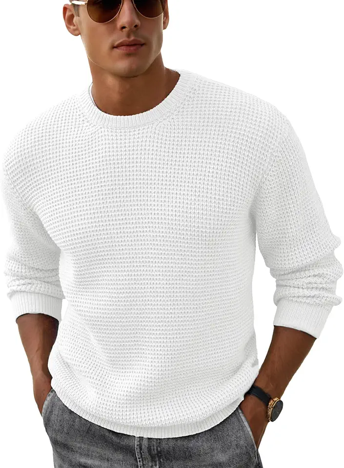 Askdeer Men's Pullover Sweater Waffle Textured Long Sleeve Knit Crewneck Casual Sweater