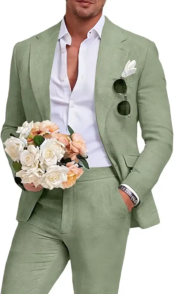 Global Recycled Standard Men's Linen Suit 2 Piece Slim Fit Summer Beach Wedding Prom Party