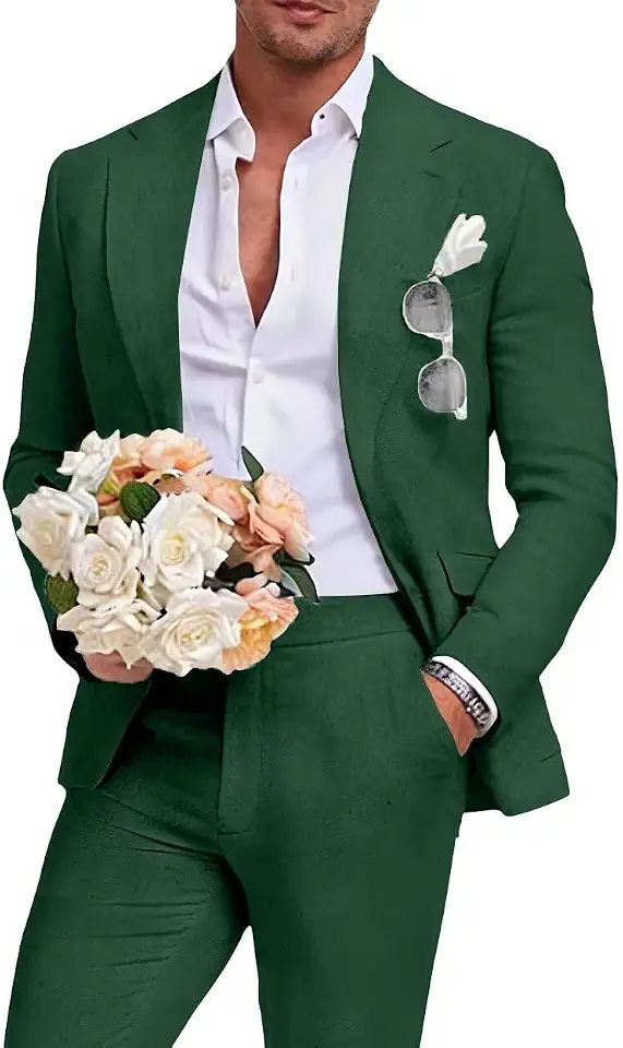 Global Recycled Standard Men's Linen Suit 2 Piece Slim Fit Summer Beach Wedding Prom Party
