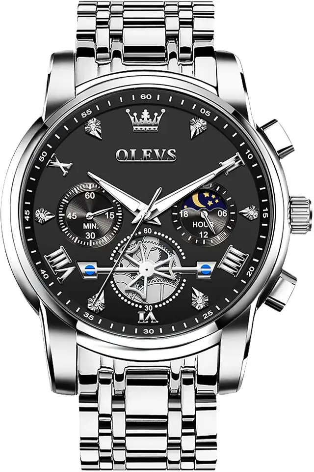 OLEVS Men Watches Stainless Steel Chronograph Watch, Large Wrist Analog Quartz Watch, Fashion Waterproof Diamond Roman Numerals Dress Watches for Men, Gold/Black/White/Blue/Grey Dial