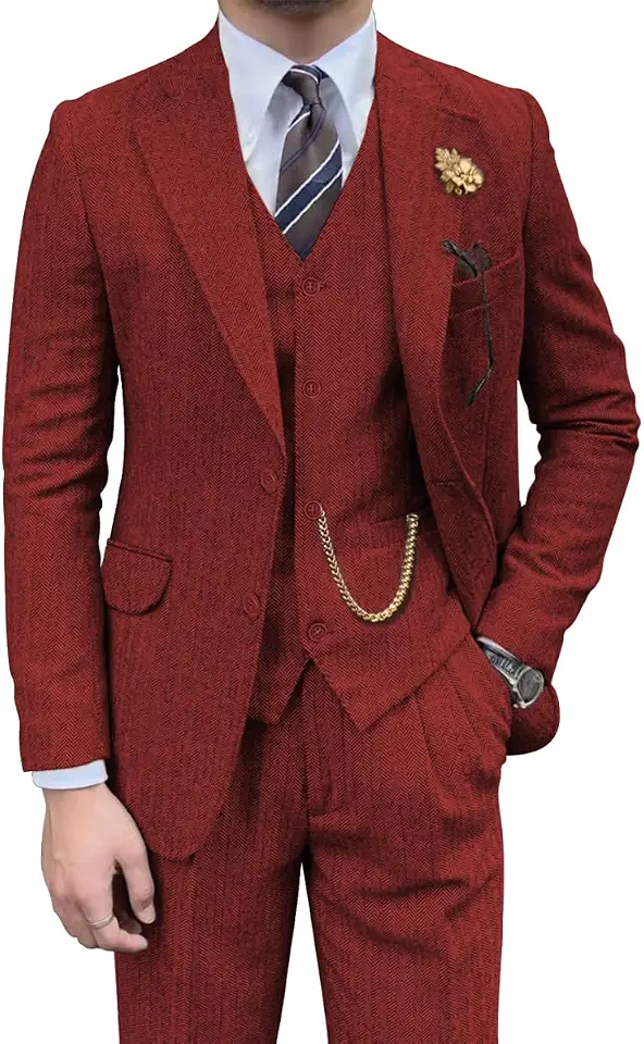 Global Recycled Standard Tweed Men Suit Herringbone 3 Piece Retro Tux Blazer Jacket Vest Pants Set