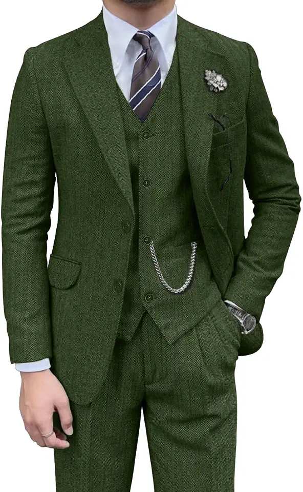 Retro Mens 3 Piece Suit Tweed Herringbone Slim Fit Suits Groomsmen Brown Tuxedos Set Prom Jacket Blazer Vest Pants for Men