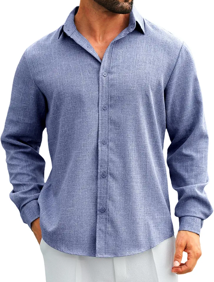 Linen Shirts for Men Long Sleeve Button Down Casual Beach Vacation Wear