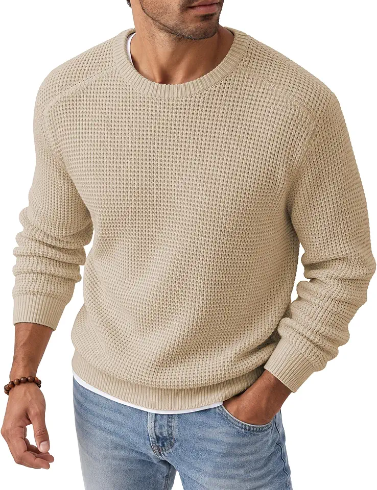 Global Recycled Standard JMIERR Men's Cotton Blend Crewneck Pullover Sweater Waffle Knitted