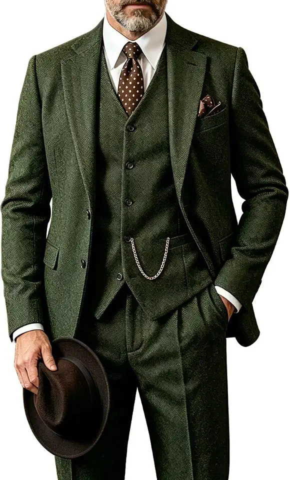 3 Piece Mens Suit Tweed Herringbone Slim Fit Retro Wedding Suits
