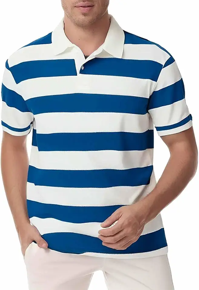 Men's Blue Striped Short Sleeve Polo Shirt