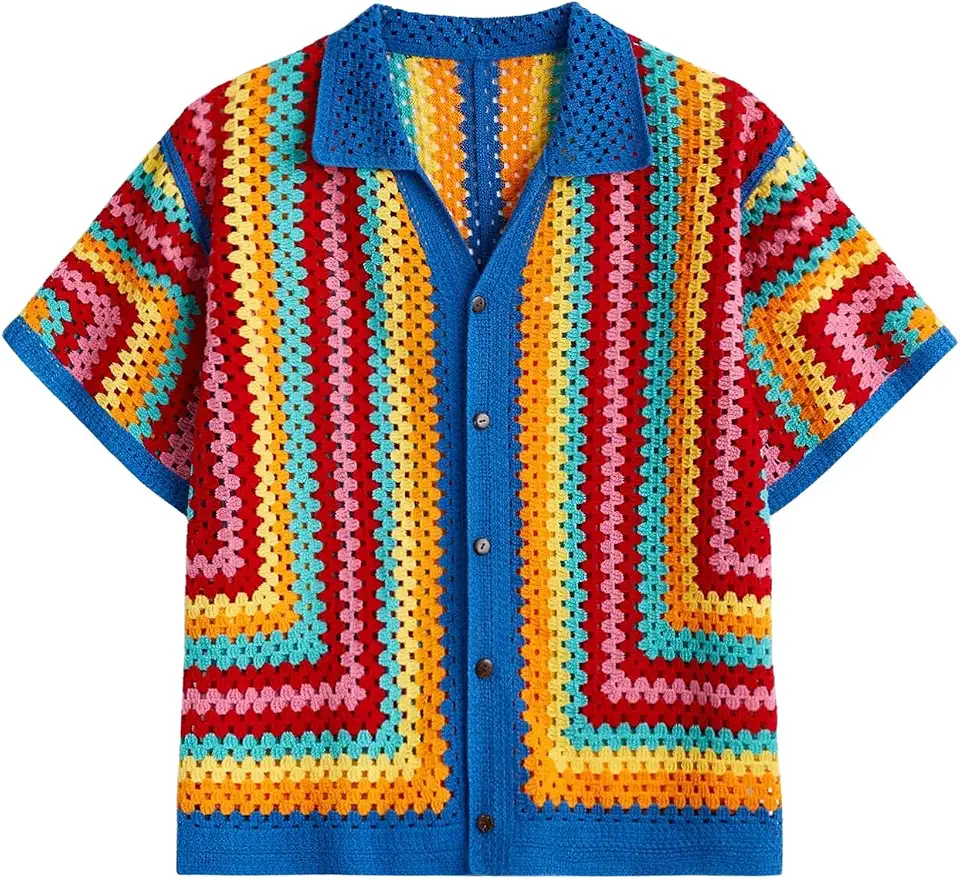 BEAUDRM Men's Striped Knit Shirts Short Sleeve Button Down Shirt Crochet Hollow Out Summer Beach Top Vintage Vacation Wear