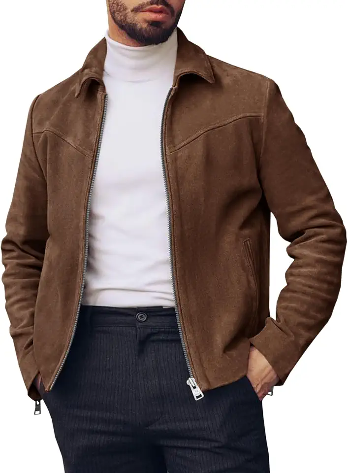 Runcati Men's Suede Jacket Full Zip Vintage Jackets Classic Trucker Coat