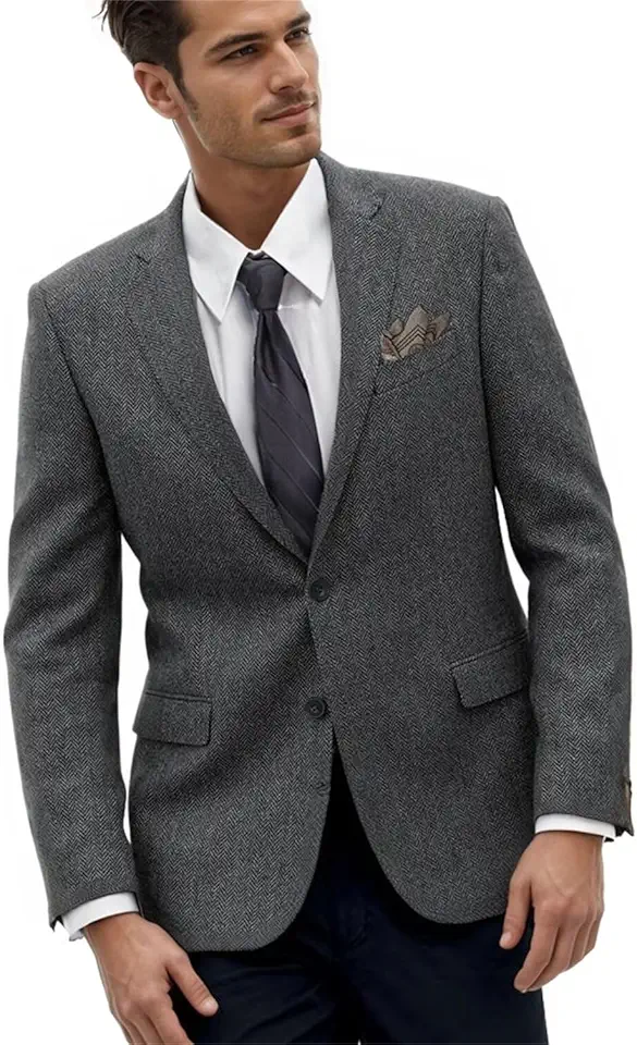 Herringbone Retro Mens Suit Jackets Tweed Slim Fit Sport Coats Prom Business Blazer Casual Men Tux Jacket Wedding Blazers