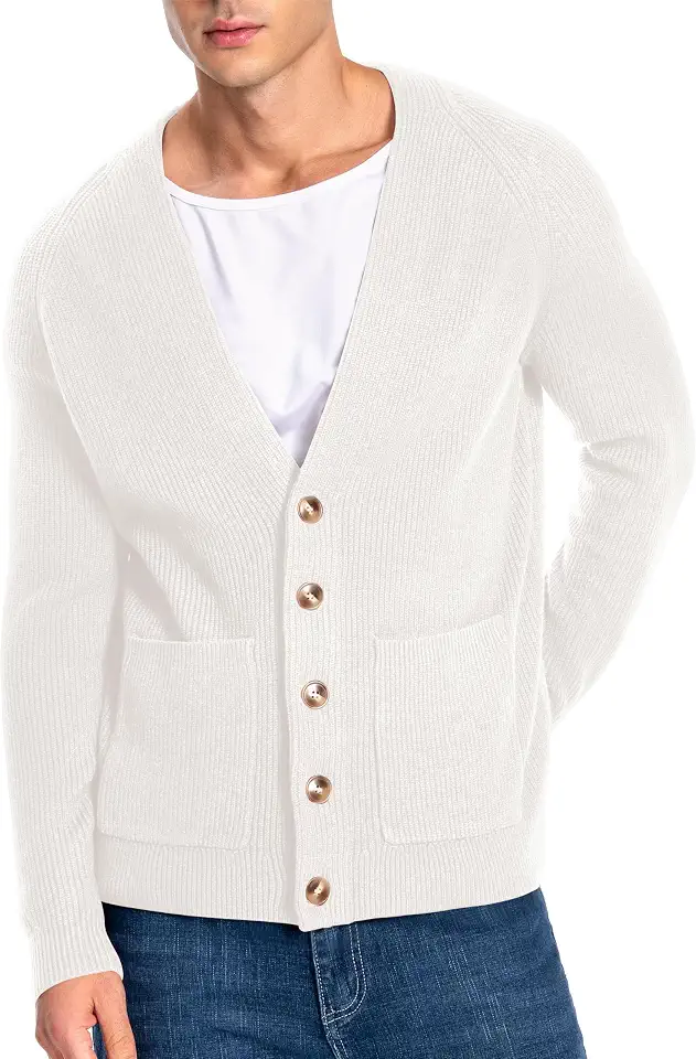 Mettclasi Men's Long-Sleeve Cardigan Sweater - Classic V Neck Button Down Knitted Cardigan with Pockets