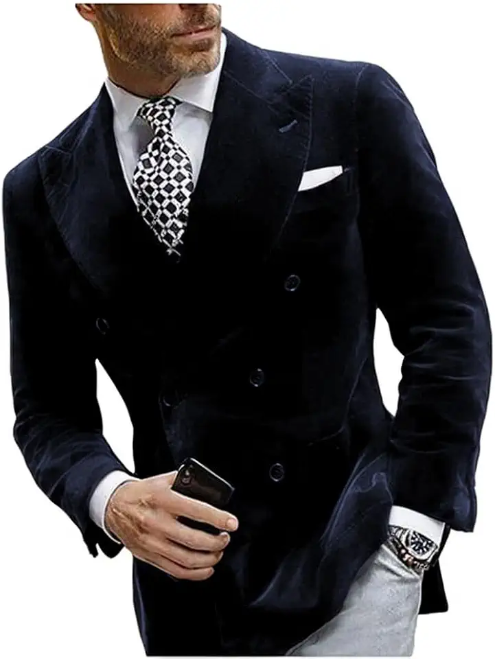 Mi Bo Tong Mens Velvet Blazer Jacket Double Breasted Dinner Suit Jacket