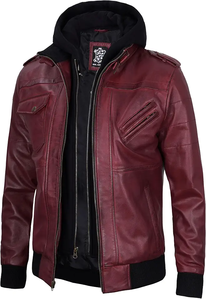 Decrum Detachable Hood Real Lambskin Leather Bomber Jacket Men