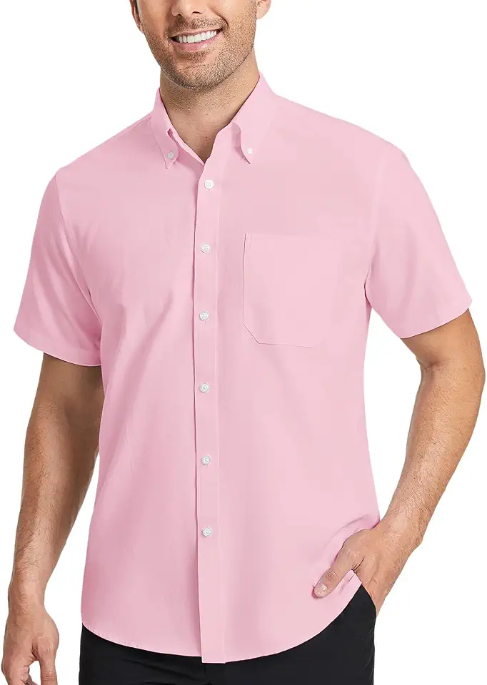 HISDERN Mens Short Sleeve Dress Shirts Oxford Solid Casual Button Dwon Collar Shirt with Pocket Regular Fit Business