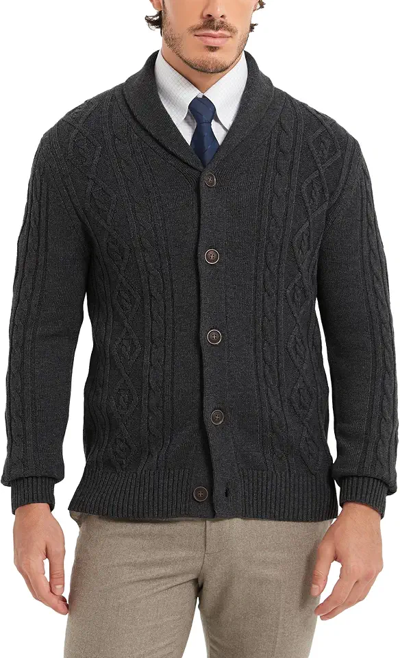 Global Recycled Standard Kallspin Men's Wool Blend Cardigan Sweater Cable Knit Shawl Collar Cardigan Button Up Classic Knitwear