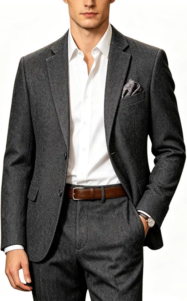 Retro Tweed Men's Suits 2 Piece Jacket Pants Tuxedos Blazer Suit Wedding