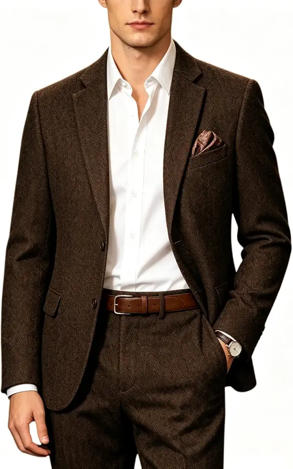 Retro Tweed Men's Suits 2 Piece Jacket Pants Tuxedos Blazer Suit Wedding