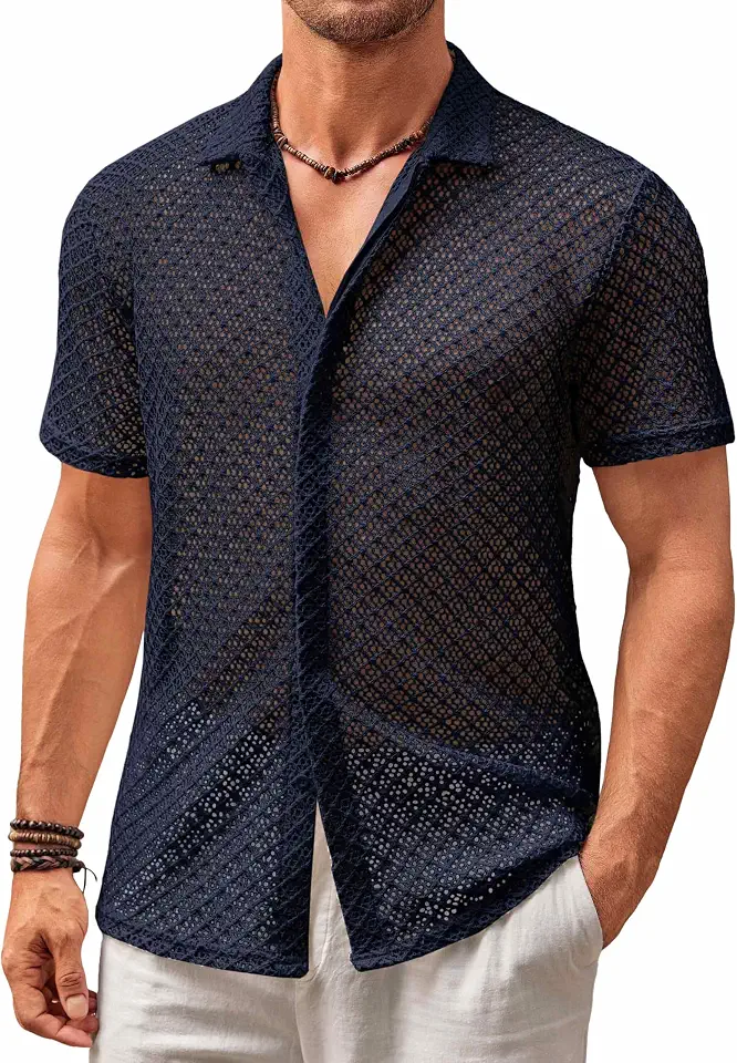 Runcati Mens Button Down Knit Shirt Short Sleeve Crochet Hollow Out Tops