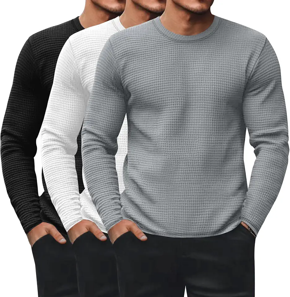 Ficerd 3 Pack Men's Waffle Thermal Long Sleeve Crew Neck Shirts